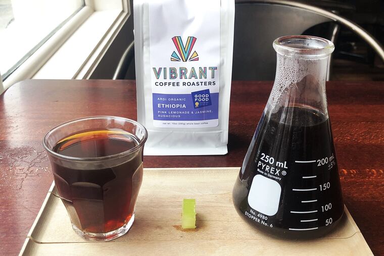 An Ardi Ethiopian coffee from Vibrant Coffee Roasters is served as a pour-over with a palate-cleansing slice of celery at Function Coffee Labs in the Italian Market. The coffee recently won a coveted Good Food Award.
