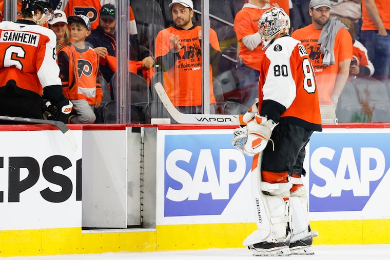 Flyers goaltender Dan Vladař leaves the ice after losing to the Hurricanes 4-1 in Game 3 on Thursday night.