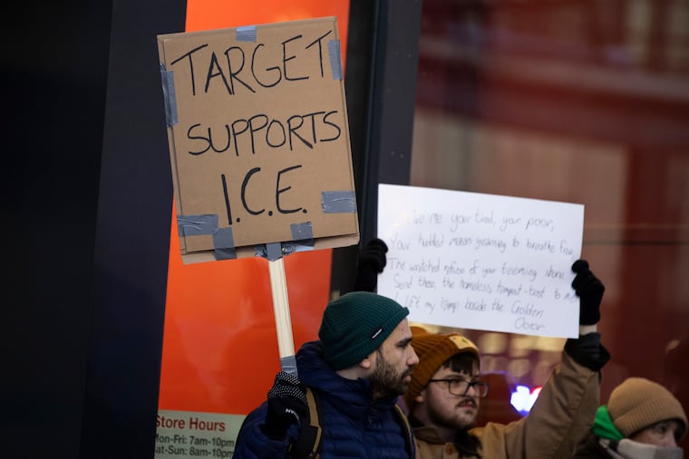 Demonstrators gathered outside the Target at Broad and Washington in Southwest Center City on Tuesday.