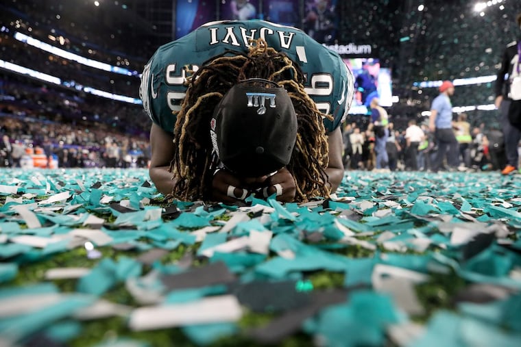 Eagles’ Jay Ajayi reacts after the Philadelphia Eagles win the 41-33 over the New England Patriots to win the Super Bowl in Minneapolis, MN on February 4, 2018. DAVID MAIALETTI / Staff Photographer