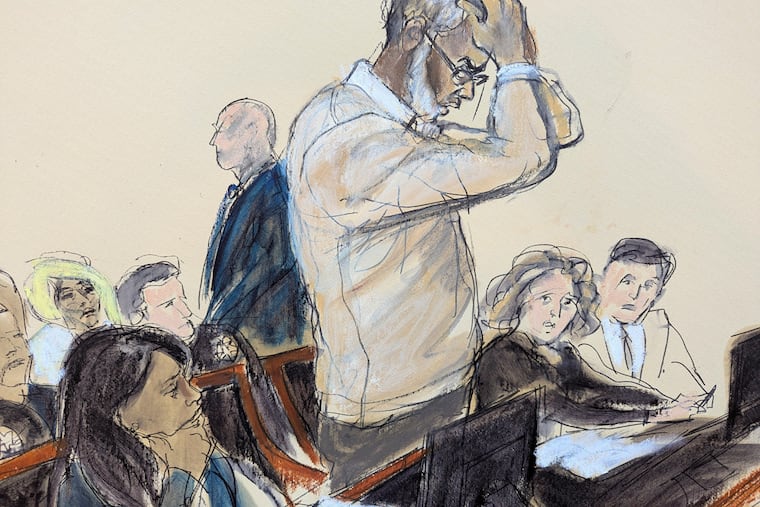 In this courtroom sketch, Sean Diddy Combs reacts as he makes a statement during his sentencing hearing in Manhattan federal court on Friday in New York.