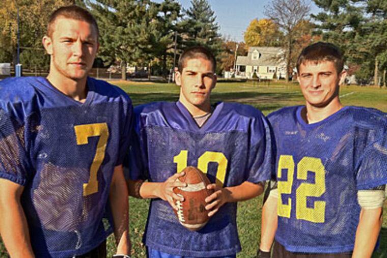 Wideout Ryan Hawthorne, quarterback Dylan Cummings and wideout Colton Newsome have led an undefeated Pennsville offense this season. (Phil Anastasia/Staff)