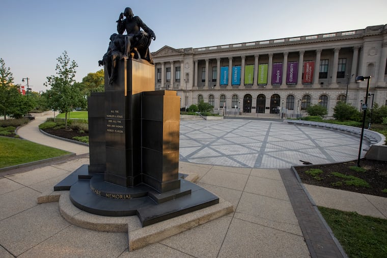 Shakespeare Memorial plaza across from the Free Library of Philadelphia's Parkway Central Library.