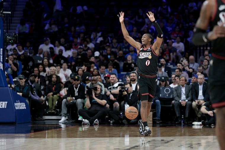 Sixers Tyrese Maxey directs the offense as he brings the ball up the court during the Orlando Magic at Philadelphia 76ers (Sixers) NBA Play-In Tournament game at Xfinity Mobile Arena in Philadelphia on Wednesday, April 15, 2026.