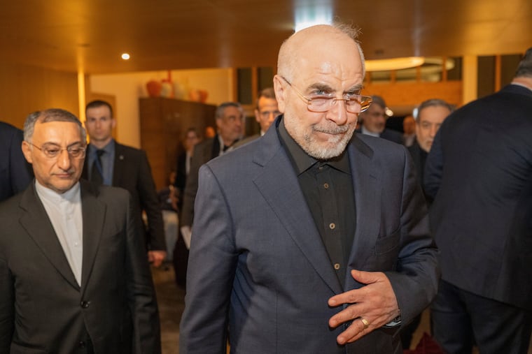 Speaker of the Islamic Parliament of Iran Mohammed Bagher Ghalibaf, center, arrives at the Buergenstock resort in Obbuergen, near Lucerne, Switzerland, early Sunday, June 21, 2026. Ghalibaf is one of the rising leaders of Iran who has a military background.