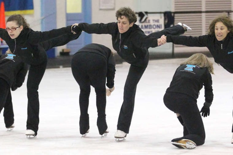 Philly Spirit team members (from left) Sarah Huszar, Tish DeStefano, and Carol Heller glide through a routine at their practice rink in Ardmore.