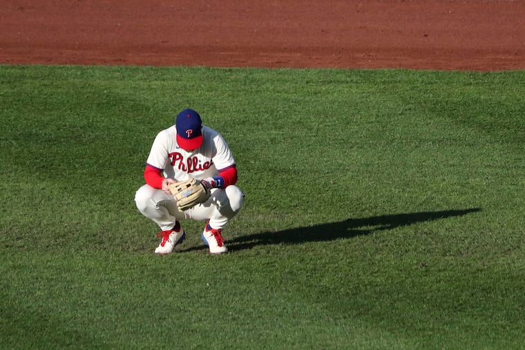 Phillies right fielder Bryce Harper squats during the seventh inning of the Philadelphia Phillies game against the Toronto Blue Jays at Citizens Bank Park in Philadelphia, Pa. on Sunday, September 20, 2020. The Phillies lost to the Toronto Blue Jays, 3 to 6.