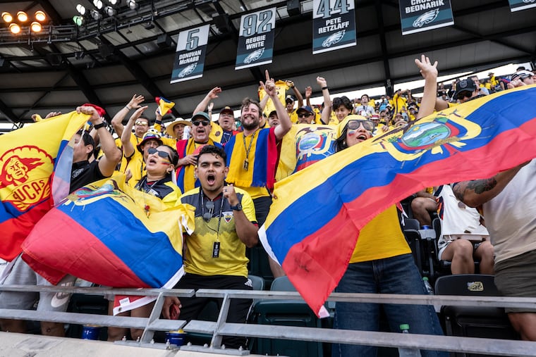 Soccer fans cheer during the national anthems before the FIFA World Cup Group E match between Ecuador and Ivory Coast on Sunday, June 14, 2026, at Lincoln Financial Field in Philadelphia. The match marked the first FIFA World Cup game played in Philadelphia.