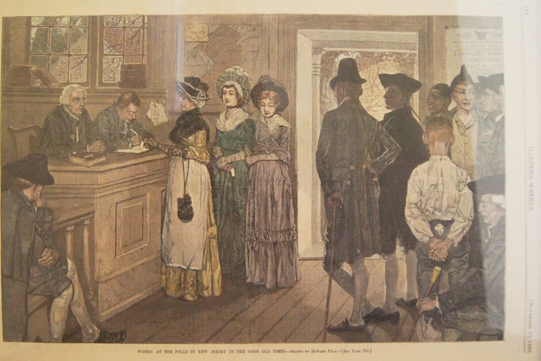 A hand-colored version of an 1880 engraving in Harper's Weekly called "Women At the Polls in New Jersey in the Good Old Times," drawn by Howard Pyle.