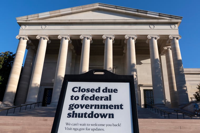 A sign that reads "Closed due to federal government shutdown," is seen outside of the National Gallery of Art on the sixth day of the government shutdown on Monday.
