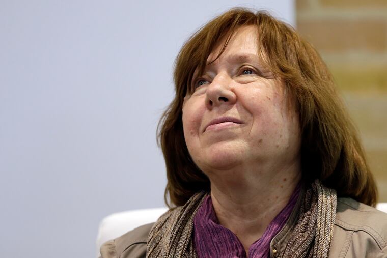 Nobel literature laureate 2015 Svetlana Alexievich, from Belarus, pauses during a press conference at the International Book Fair in Bogota, Colombia, Wednesday, April 20, 2016.