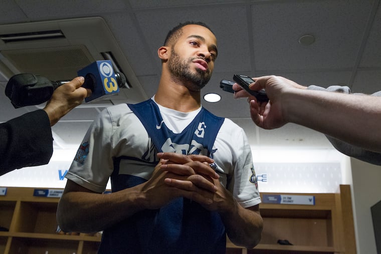 Phil Booth of Villanova is interviewed in their locker room. They will play Purdue in the 2nd round NCAA Tournament game at the XL Center in Hartford, CT on March 23, 2019.