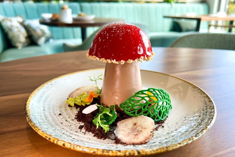 The Caramelia, a dessert of chocolate mousse, espresso caramel, and cocoa "soil," as served at 1906, the restaurant at Longwood Gardens.