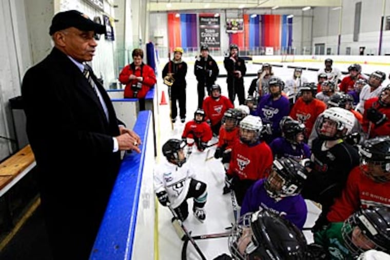 Willie O'Ree became the NHL's first black player on Jan. 18, 1958. He is shown addressing youth hockey players in the region in 2018. (David Swanson/Staff Photographer)