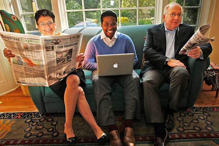 Joan Mazzotti relaxes at home in Haverford with Ralph Alexis and her husband, Michael Kelly. ALEJANDRO A. ALVAREZ / Staff Photographer