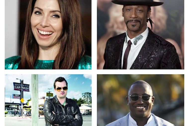 Whitney Cummings (clockwise from top left), Michael McIntyre, Hannibal Buress, and Jim Jefferies are among the top comedians coming to the Philadelphia region this spring.