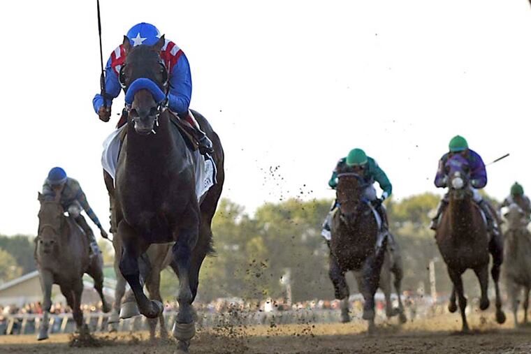 In this image provided by Equi-Photo, Bayern, with Martin Garcia aboard, runs on its way to winning the Pennsylvania Derby horse race at Parx Racing in Bensalem, Pa., Saturday, Sept. 20, 2014. (AP Photo/Equi-Photo, Bill Denver)
