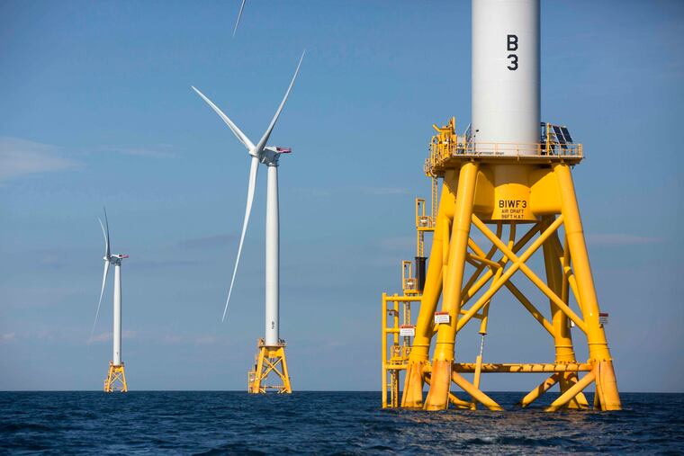 Offshore wind turbines near Block Island, R.I. A large offshore wind energy project planned off the coast of New Jersey will connect onshore to two former power plants, and cables will run under two of the state’s most popular beaches.