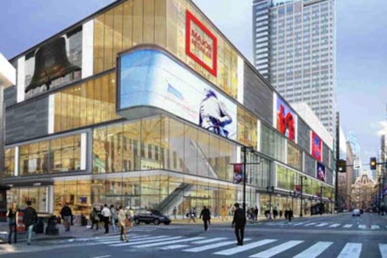 Artist's rendering of what a corner in the Market East corridor might look like if developers get City Council approval for the addition of lighted and animated advertising signs to facades on buildings between 7th and 13th streets.