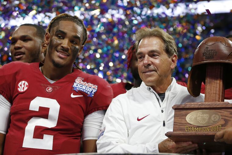 Alabama head coach Nick Saban (right), seen here with then-Crimson Tide quarterback Jalen Hurts, will be a guest on ESPN's alternate "Monday Night Football" broadcast hosted by Peyton and Eli Manning.