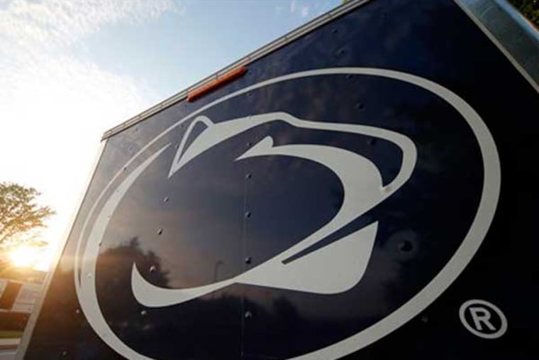 A Penn State University logo on the side of a merchandise trailer. (AP photo)