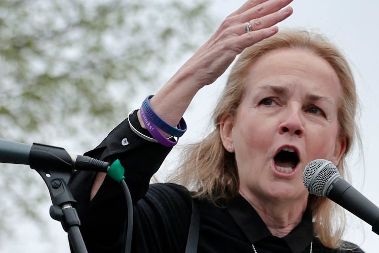 U.S. Rep. Madeleine Dean, a Democrat who represents Montgomery County, speaks on Independence Mall during the Hands Off! National Day of Action demonstration in Philadelphia on Saturday, April 5, 2025.