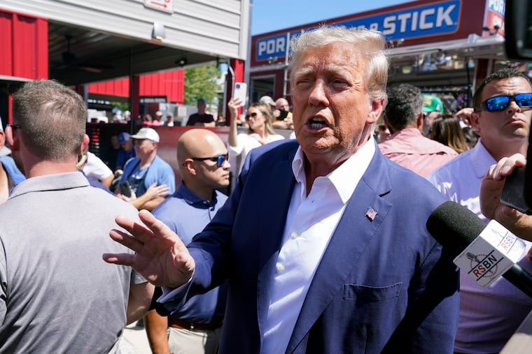 Republican presidential candidate former President Donald Trump speaks as he visits the Iowa State Fair on Saturday.