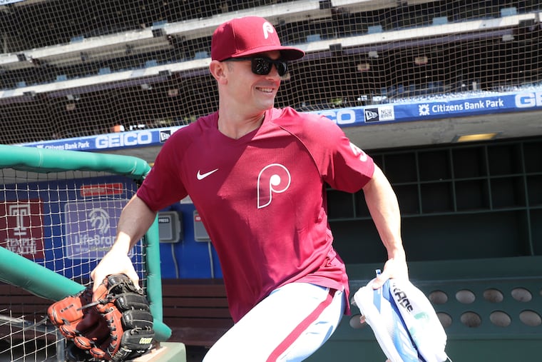 Phillies pitcher David Robertson smiling before the Phillies played the Washington Nationals on Aug. 4.