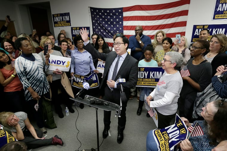 Democrat Andy Kim announces that he is the projected winner of the NJ 3rd District Congressional race. The announcement was before a packed crowd at his Mt. Laurel headquarters on November 7, 2018.
