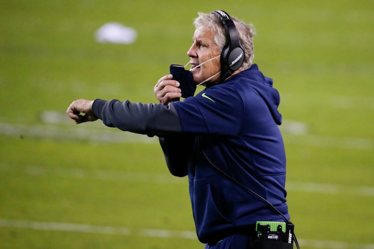 Seattle Seahawks coach Pete Carroll during a game against the Eagles on Nov. 30, 2020.