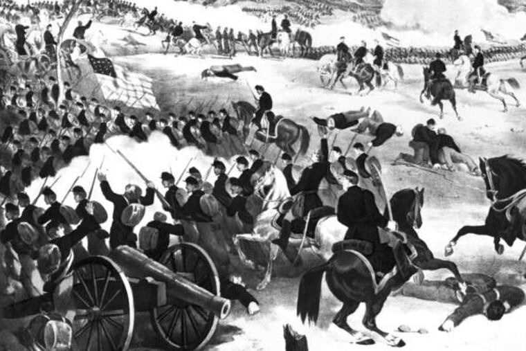 The Battle of Gettysburg, a hand-colored lithograph circa 1867, shows Union troops advancing from the right 150 years ago this week.