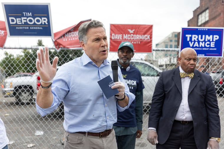 U.S. Senate Candidate Dave McCormick speaks to supporters in North Philadelphia on Oct. 4.