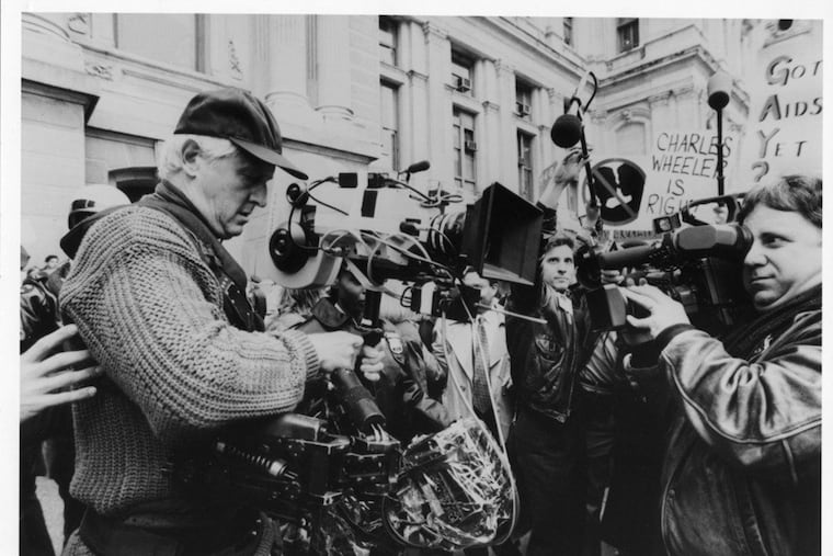 Garrett Brown filming on the set of 'Philadelphia' (1993)