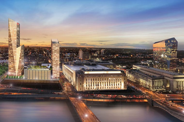 Rendering of new FMC Tower (left) showing Evening View Looking West - TOWER at Cira Centre® South A Development of BrandywineRealtyTrust.