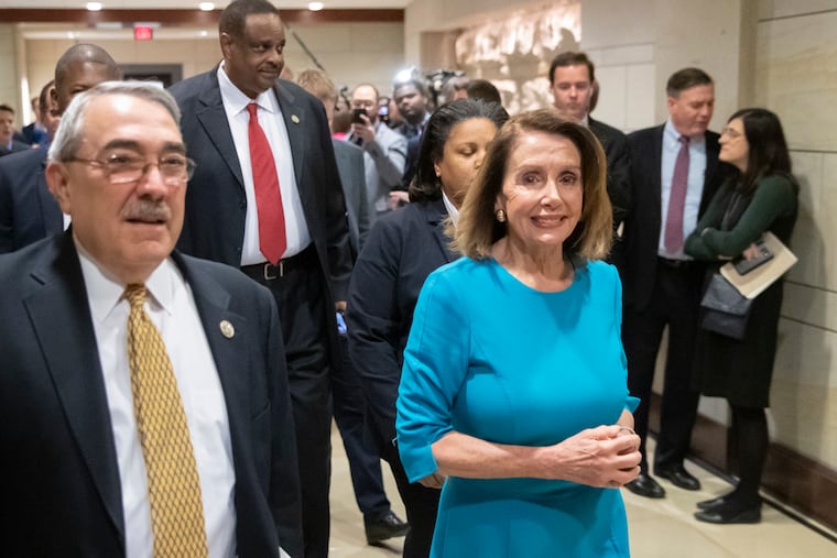 House Democratic Leader Nancy Pelosi of California, joined at left by Rep. G. K. Butterfield, D-N.C., heads into the Democratic Caucus leadership elections unopposed following an effort by a contingent working against her becoming the speaker of the House when her party takes the majority in the new Congress in January, at the Capitol in Washington, Wednesday, Nov. 28, 2018. (AP Photo/J. Scott Applewhite)