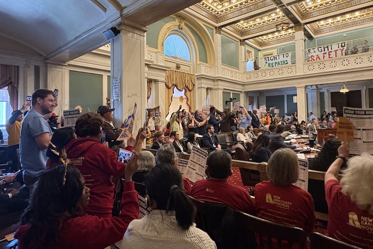 Supporters of City Councilmember Nicolas O'Rourke's renter legislation, which includes bolstered protections for tenants who participate in renter unions, celebrated as Council passed the legislation at City Hall on April 23.