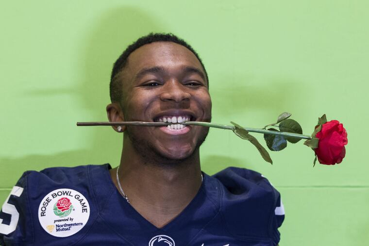 Penn State cornerback Grant Haley is all roses during Friday's media day for the Rose Bowl. Haley returned a blocked field-goal attempt for a touchdown against Ohio State on Oct. 22.