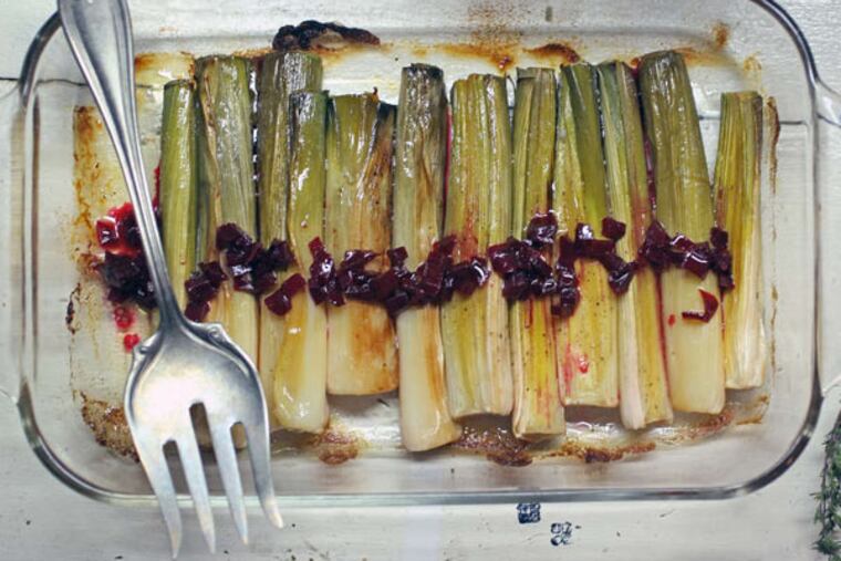 Braised Leeks With Lemon-Beet Vinaigrette for a New Year's Day open house menu.