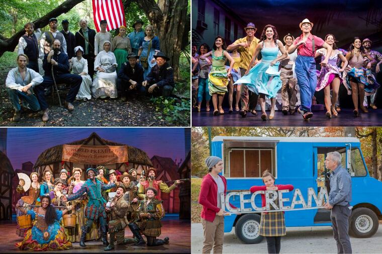(Clockwise from left): The cast of the “Lydie Breeze” Trilogy at EgoPo Classic Theater; the cast of “On Your Feet!” at the Academy of Music; Seth Reichgott, Francesca Piccioni, and Joseph in “Love, Lies, and Taxidermy” at Inis Nua; and the cast of “Something Rotten” at the Academy of Music.