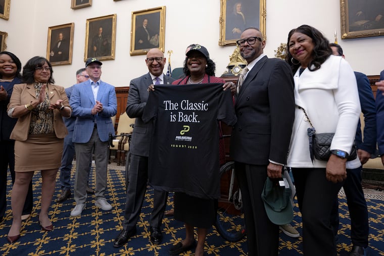 Mayor Cherelle Parker and former Mayor Michael A. Nutter announced the comeback of the Philadelphia Cycling Classic at City Hall.