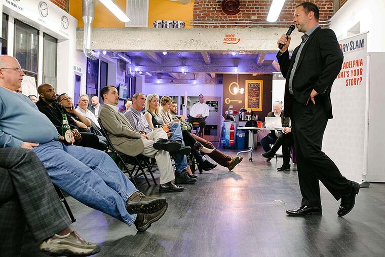 Matt Stachel shares his story at the StartUp Story Slam at Benjamin's Desk in Center City. He was one of 13 business people there addressing the theme of courage.