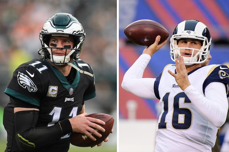 Carson Wentz (left) is 2-0 against Jared Goff and the Rams in his career.