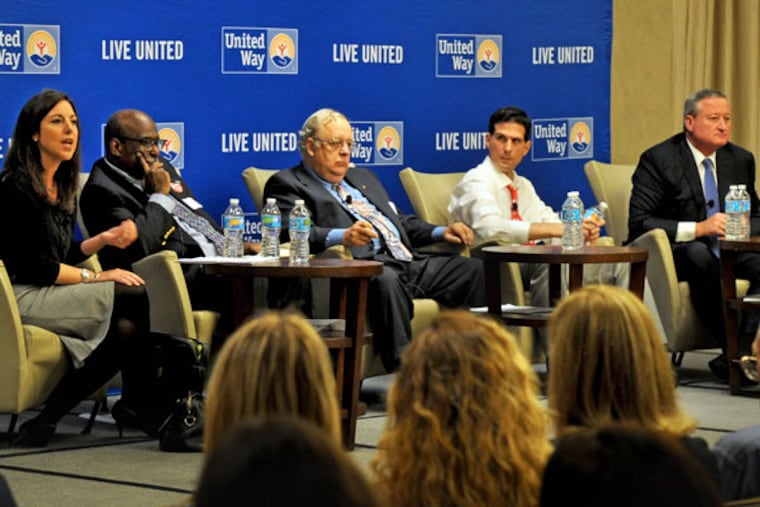 The five Philadelphia mayoral candidates -- (from left) Republican Melissa Murray Bailey; Osborne Hart of the Socialist Workers Party; independent Jim Foster; independent Boris Kindij; and Democrat Jim Kenney -- discuss their plans for the city. Tuesday night’s debate was the only one scheduled to include all five candidates. (TOM GRALISH/Staff Photographer)