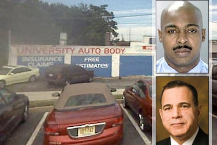 Philadelphia police Officer Gary Cottrell, top, and attorney Michael B. Wolf are charged in a scheme to cheat insurance companies. The owner of University Collision in Grays Ferry was also charged. (Google StreetView)