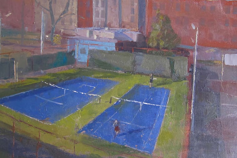 "Seder Park Tennis Courts" by Charles Newman, on display in the Philadelphia Sketch Club's 151st exhibition of small oil paintings.