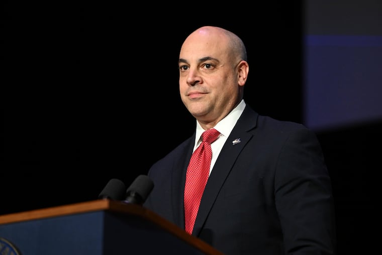 Dave Sunday prepares to speak to the audience in the Forum Auditorium across the street from the Capitol after taking the oath to become Pennsylvania's next attorney general, Jan. 21, 2025, in Harrisburg, Pa. (AP Photo/Marc Levy)