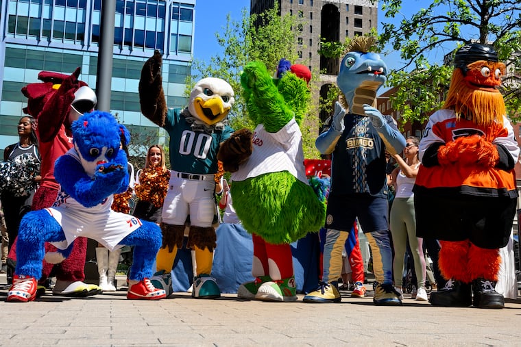 Mascots for all five Philadelphia pro sports mascots (plus Temple’s Owl) attend a pep rally in LOVE Park Tuesday, Apr. 29, 2025 to kick off the city’s recruitment of 10,000 “Phambassadors.”