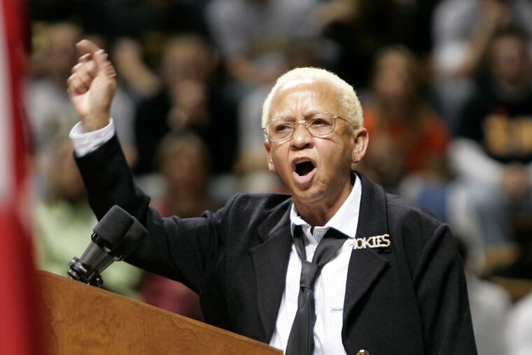 Virginia Tech English Professor, Nikki Giovanni speaks closing remarks at a convocation to honor the victims of a shooting rampage at Virginia Tech in Blacksburg, Va., in 2007.