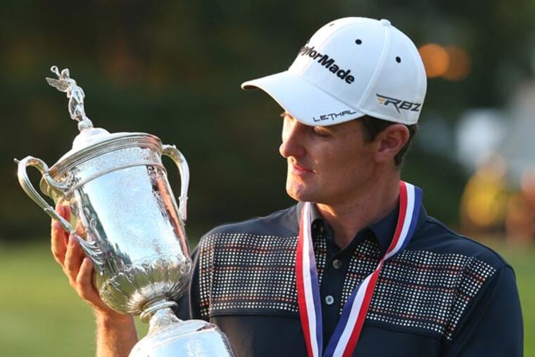 Justin Rose with the U.S..Open trophy at Merion Golf Course. (Michael Bryant/Staff Photographer)