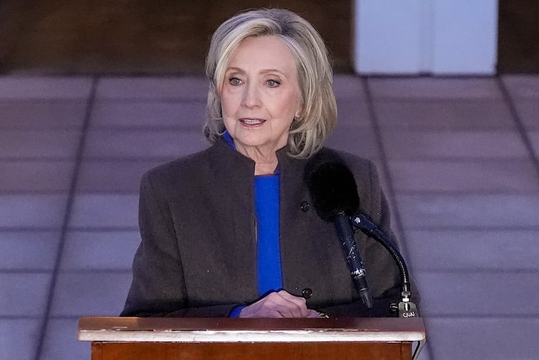 Former Secretary of State Hillary Clinton speaks outside the Chappaqua Performing Arts Center on Thursday after testifying before U.S. House lawmakers as part of a congressional investigation into convicted sex offender Jeffrey Epstein.